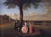 Arthur Devis Henry Fiennes Clinton,9th Earl of Lincoln,with his wife,Catherine and his son,George,on the great terrace at Oatlands oil painting artist